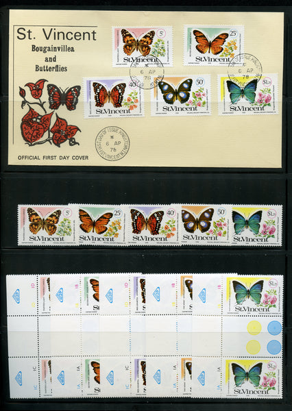 St. Vincent Scott 523-27 Mint NH Set, Gutter Pairs, FDC Butterflies