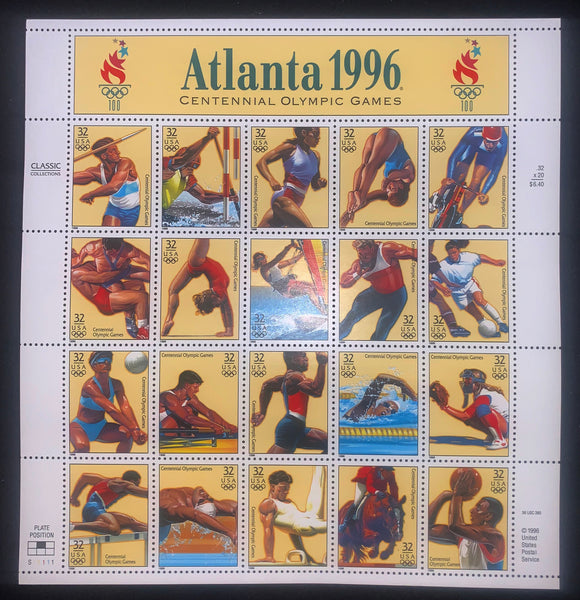 US Scott 3068 32c 1996 Olympics Mint Sheet of 20 Javelin Soccer Volleyball Track Gymnastics Diving  Rowing Swimming Cycling Equestrian Shot Put Sailing Basketball