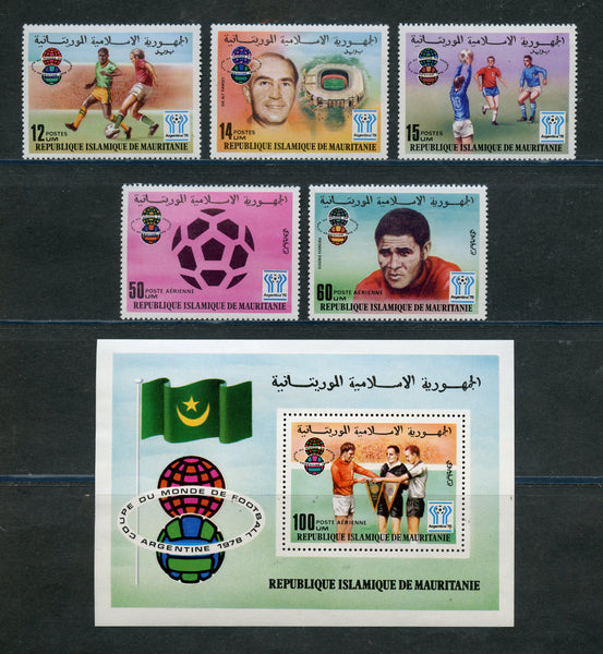 Mauritania Scott 375-77,C182-3 plus S. Sheet Soccer Mint Never Hinged