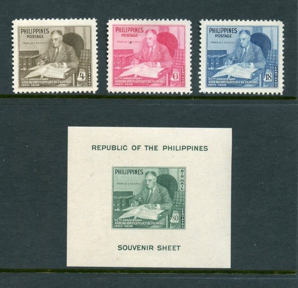 Philippines Scott 542-44, C70 Roosevelt Set and S. Sheet Mint LH