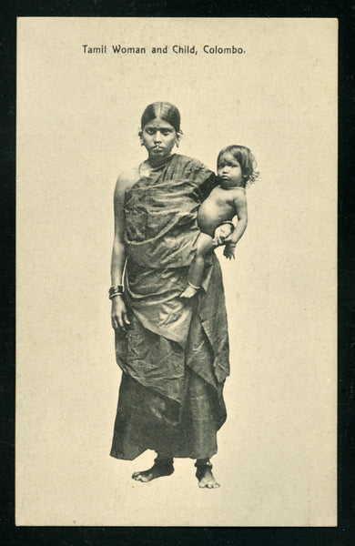 Ceylon Vintage Postcard PC Post Card Tamil Woman and Child Costume